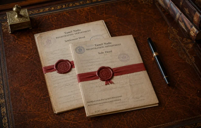Professional legal title verification paperwork for premium farmland investments in Tamil Nadu.