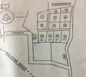 6 Plots of 22 Cents Property for Sale in Walayar Pudhupati Layout Map with Forest and River Boundaries