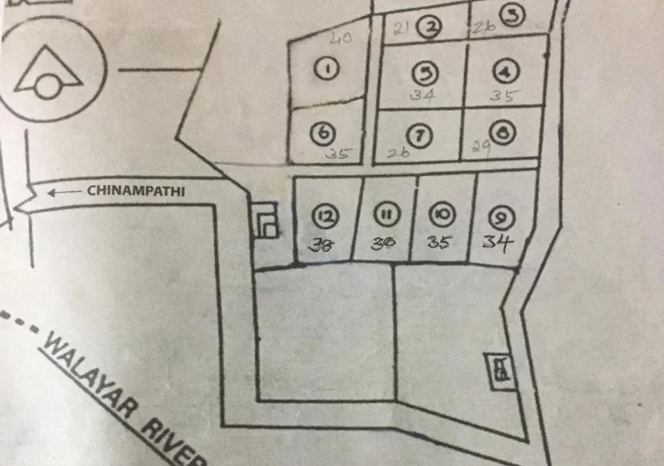 6 Plots of 22 Cents Property for Sale in Walayar Pudhupati Layout Map with Forest and River Boundaries