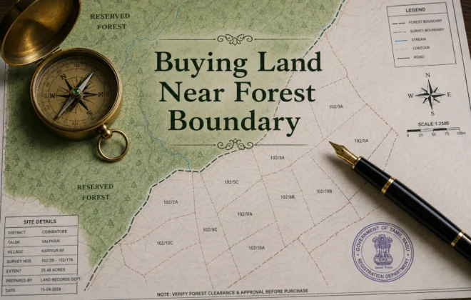 Evaluating environmental rules, buffer zones, and legal restrictions for buying land near a forest boundary.